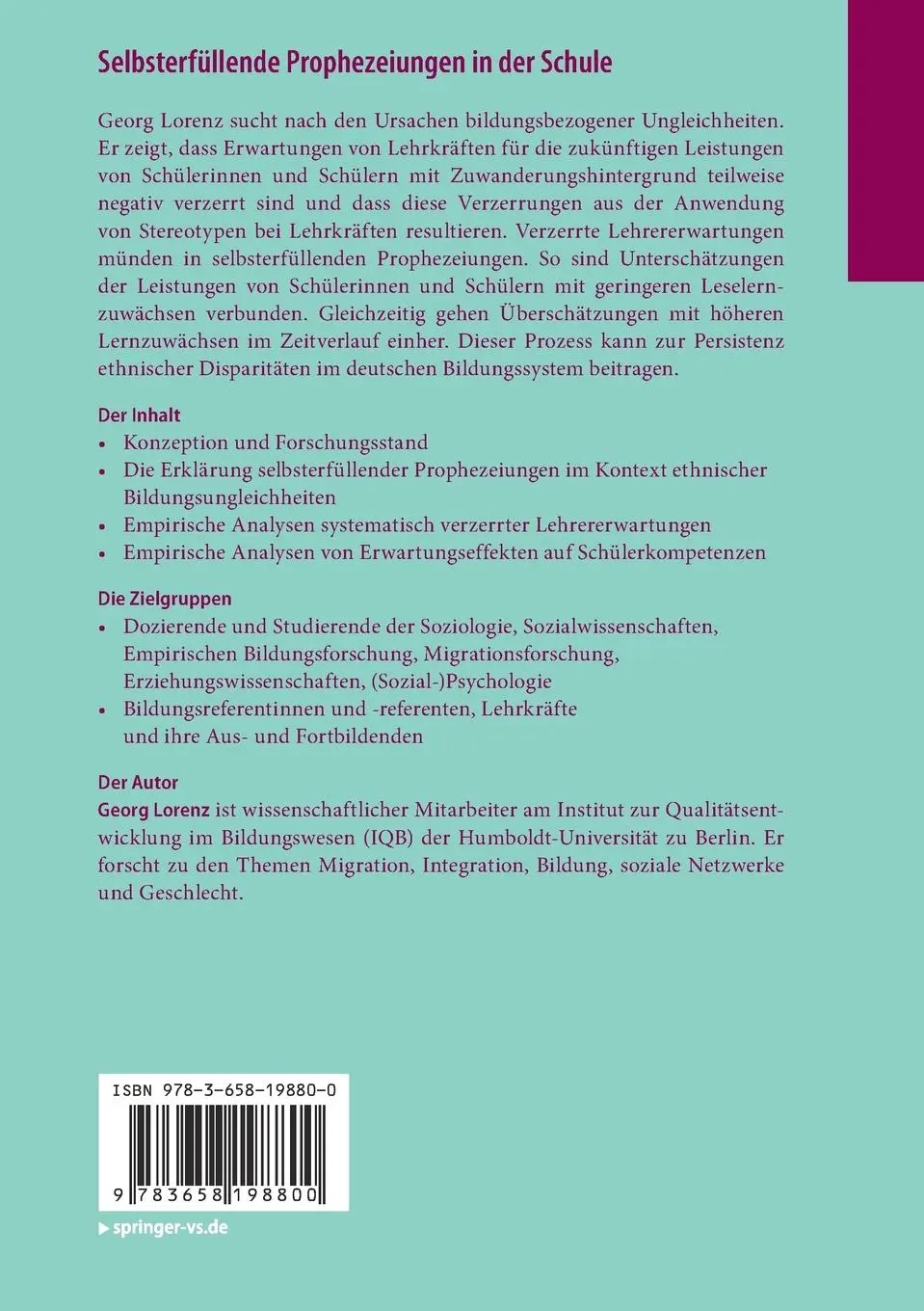 Rückseite: 9783658198800 | Selbsterfüllende Prophezeiungen in der Schule | Georg Lorenz | Buch