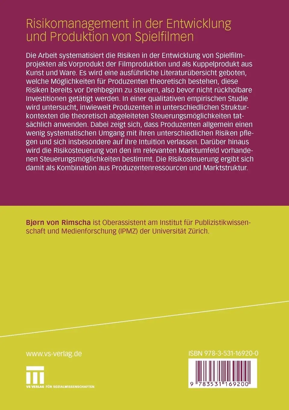 Rückseite: 9783531169200 | Risikomanagement in der Entwicklung und Produktion von Spielfilmen