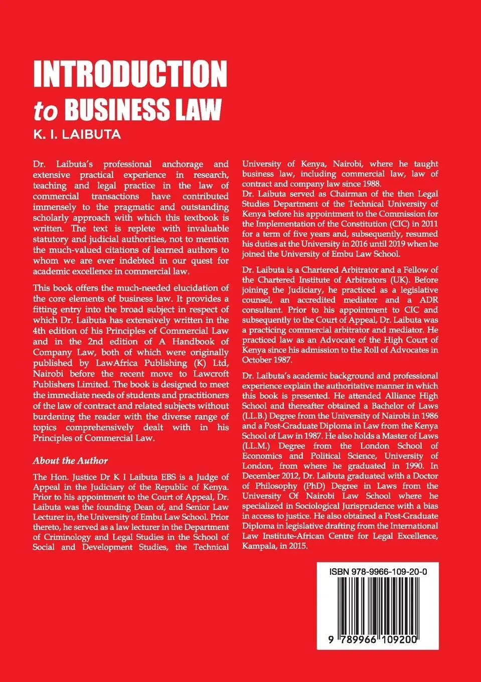 Rückseite: 9789966109200 | Introduction to Business Law | Kibaya Laibuta | Taschenbuch | Englisch