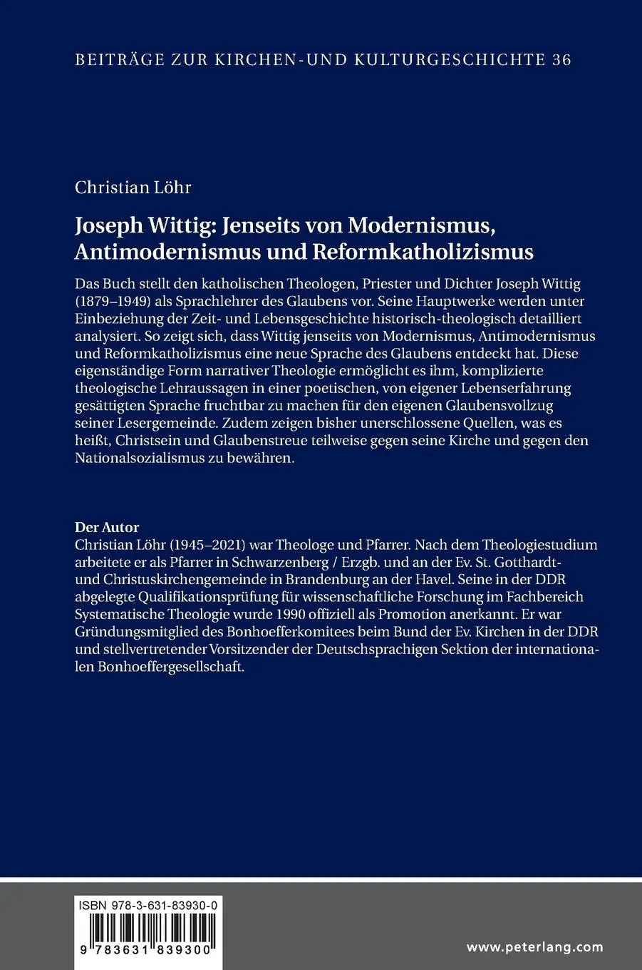 Rückseite: 9783631839300 | Joseph Wittig: Jenseits von Modernismus, Antimodernismus und...