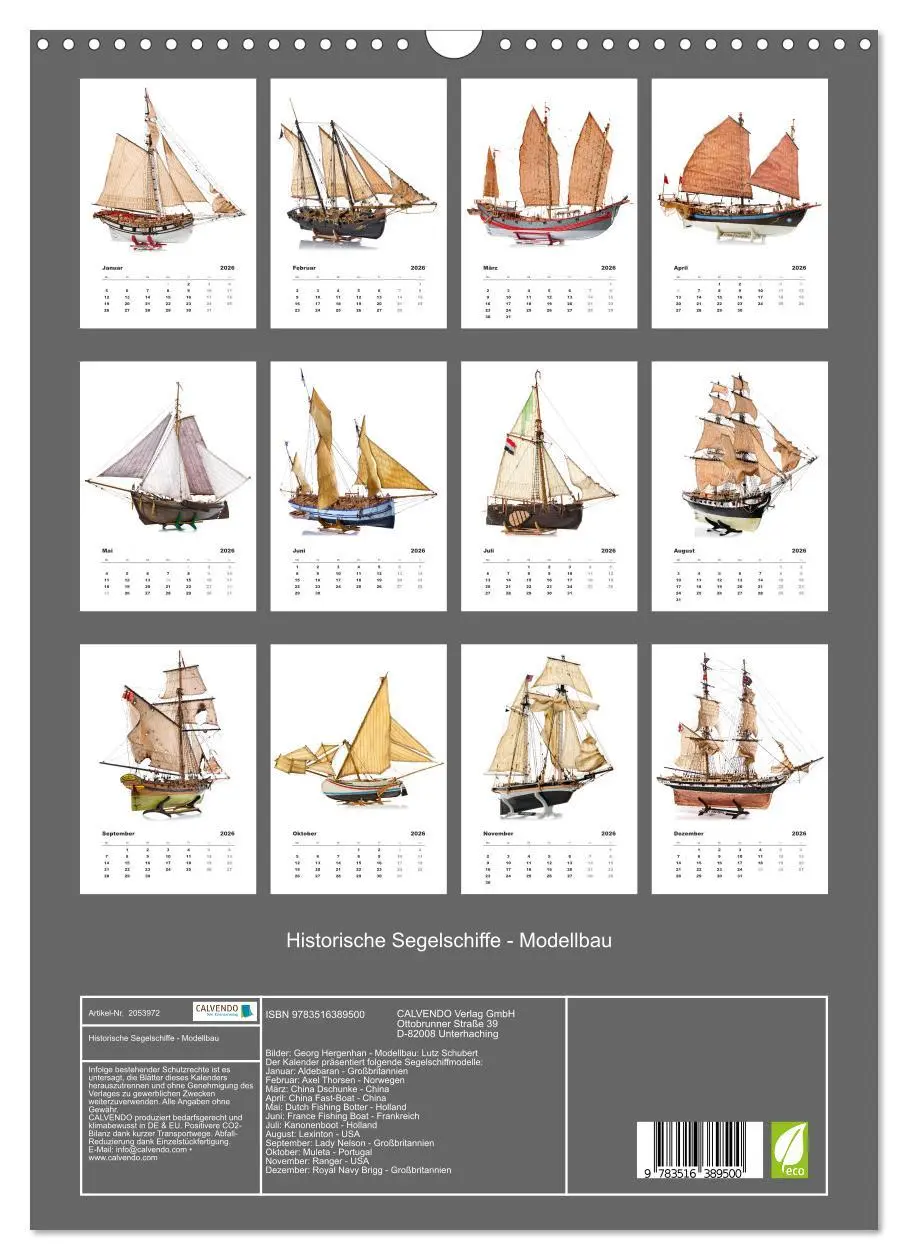 Bild: 9783516389500 | Historische Segelschiffe - Modellbau (Wandkalender 2026 DIN A3...