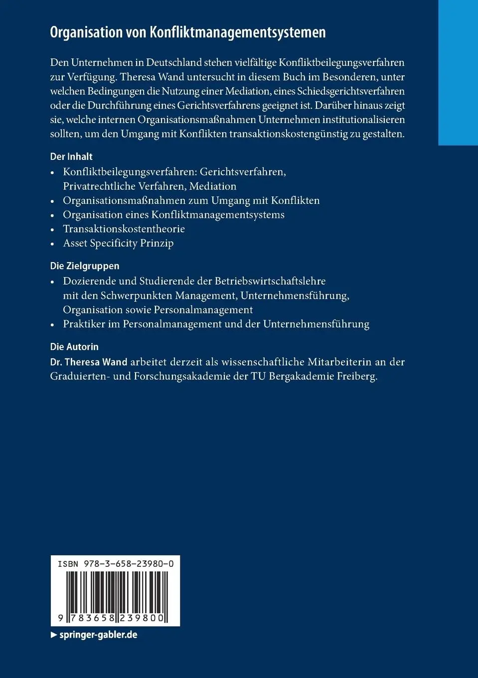 Rückseite: 9783658239800 | Organisation von Konfliktmanagementsystemen | Theresa Wand | Buch | xv