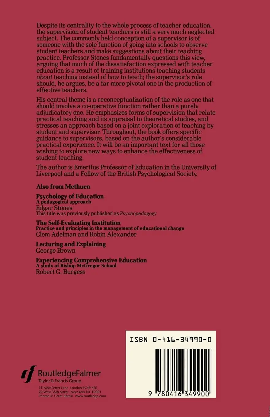 Rückseite: 9780416349900 | Supervision in Teacher Education | Edger Stones | Taschenbuch | 1984
