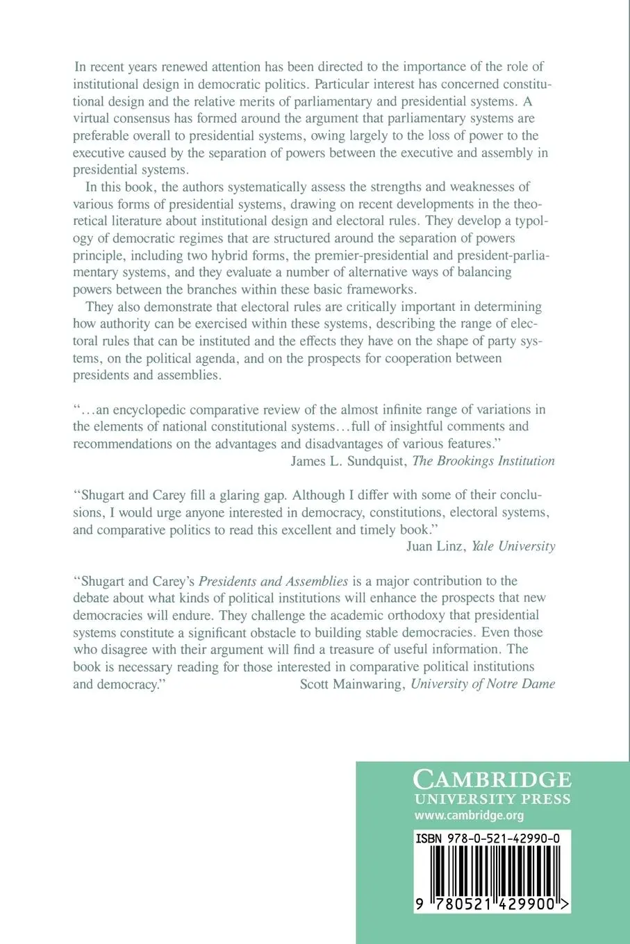 Rückseite: 9780521429900 | Presidents and Assemblies | Matthew Soberg Shugart (u. a.) | Buch