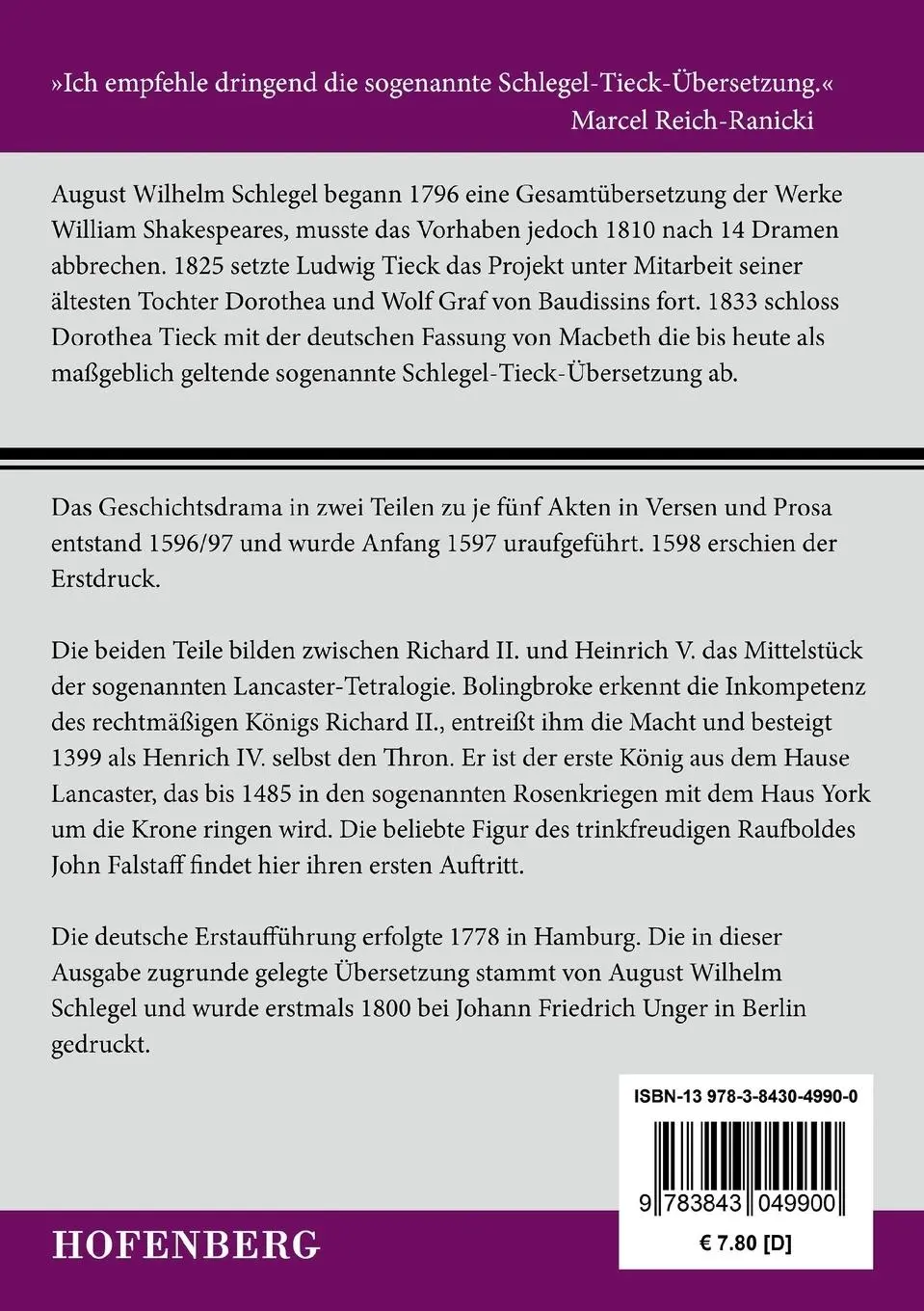 Rückseite: 9783843049900 | König Heinrich IV. | Erster und zweiter Teil | William Shakespeare