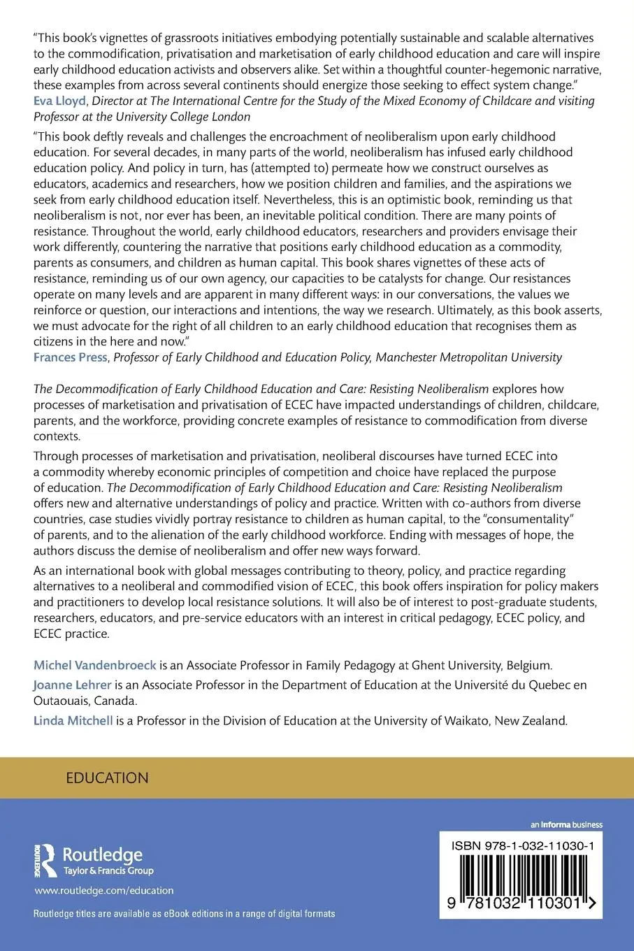 Rückseite: 9781032110301 | The Decommodification of Early Childhood Education and Care | Buch