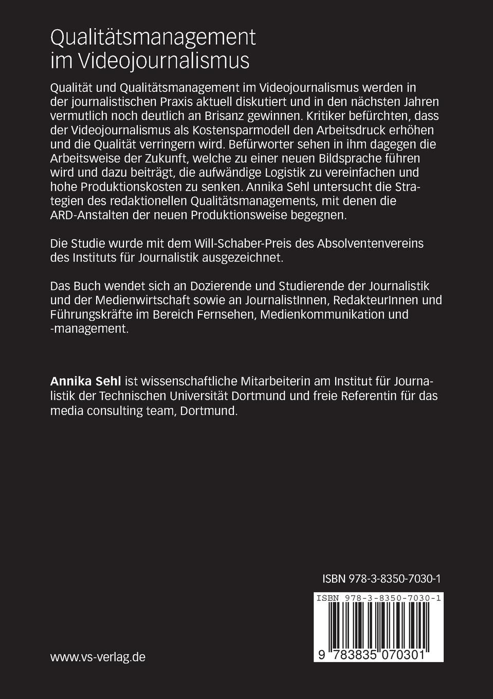 Rückseite: 9783835070301 | Qualitätsmanagement im Videojournalismus | Annika Sehl | Taschenbuch