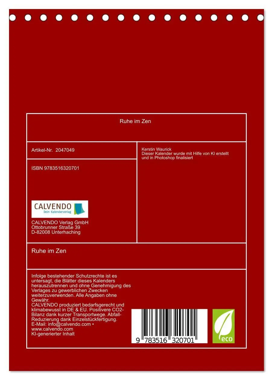 Bild: 9783516320701 | Ruhe im Zen (Tischkalender 2026 DIN A5 hoch), CALVENDO Monatskalender
