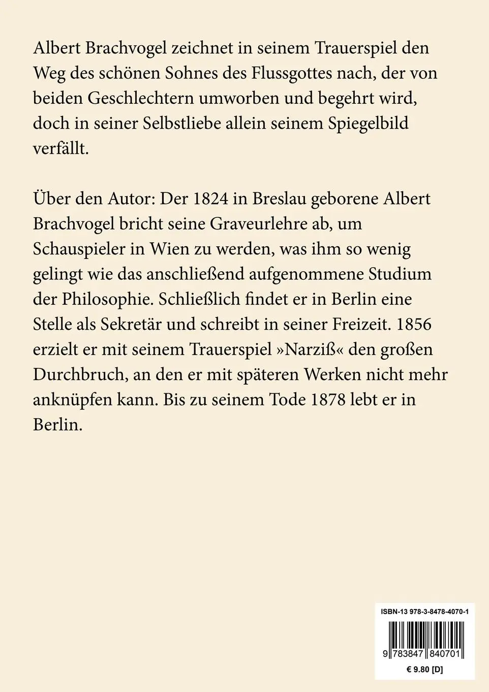 Rückseite: 9783847840701 | Narziß (Großdruck) | Ein Trauerspiel in fünf Aufzügen | Brachvogel