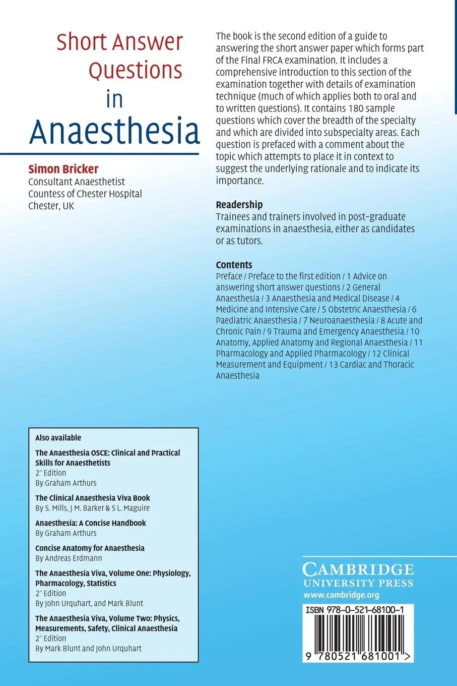 Rückseite: 9780521681001 | Short Answer Questions in Anaesthesia | Simon Bricker | Taschenbuch