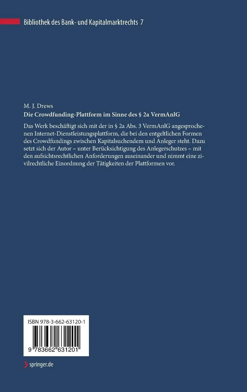 Rückseite: 9783662631201 | Die Crowdfunding-Plattform im Sinne des § 2a VermAnlG | Malte J. Drews