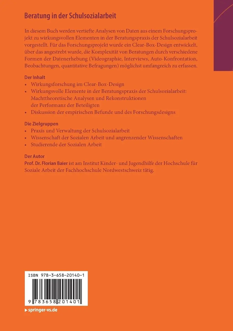 Rückseite: 9783658201401 | Beratung in der Schulsozialarbeit | Florian Baier | Taschenbuch | vii