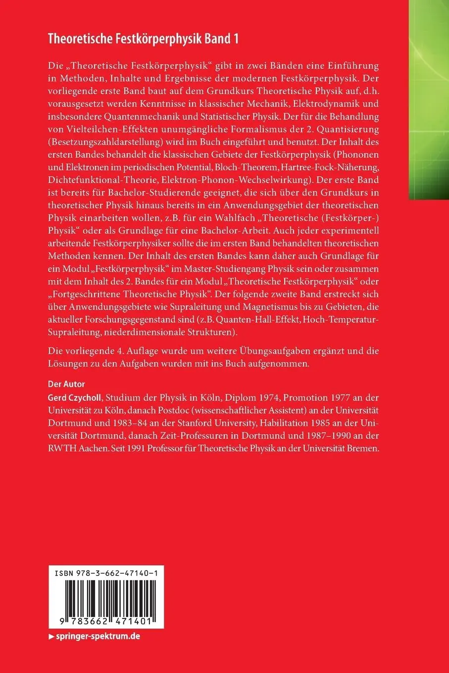 Rückseite: 9783662471401 | Theoretische Festkörperphysik Band 1 | Gerd Czycholl | Taschenbuch
