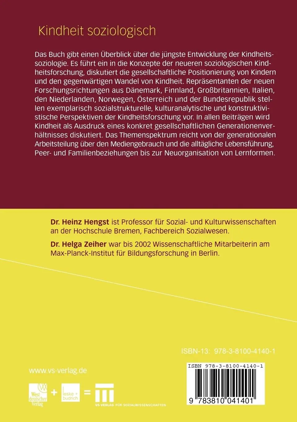 Rückseite: 9783810041401 | Kindheit soziologisch | Helga Zeiher (u. a.) | Taschenbuch | 269 S.