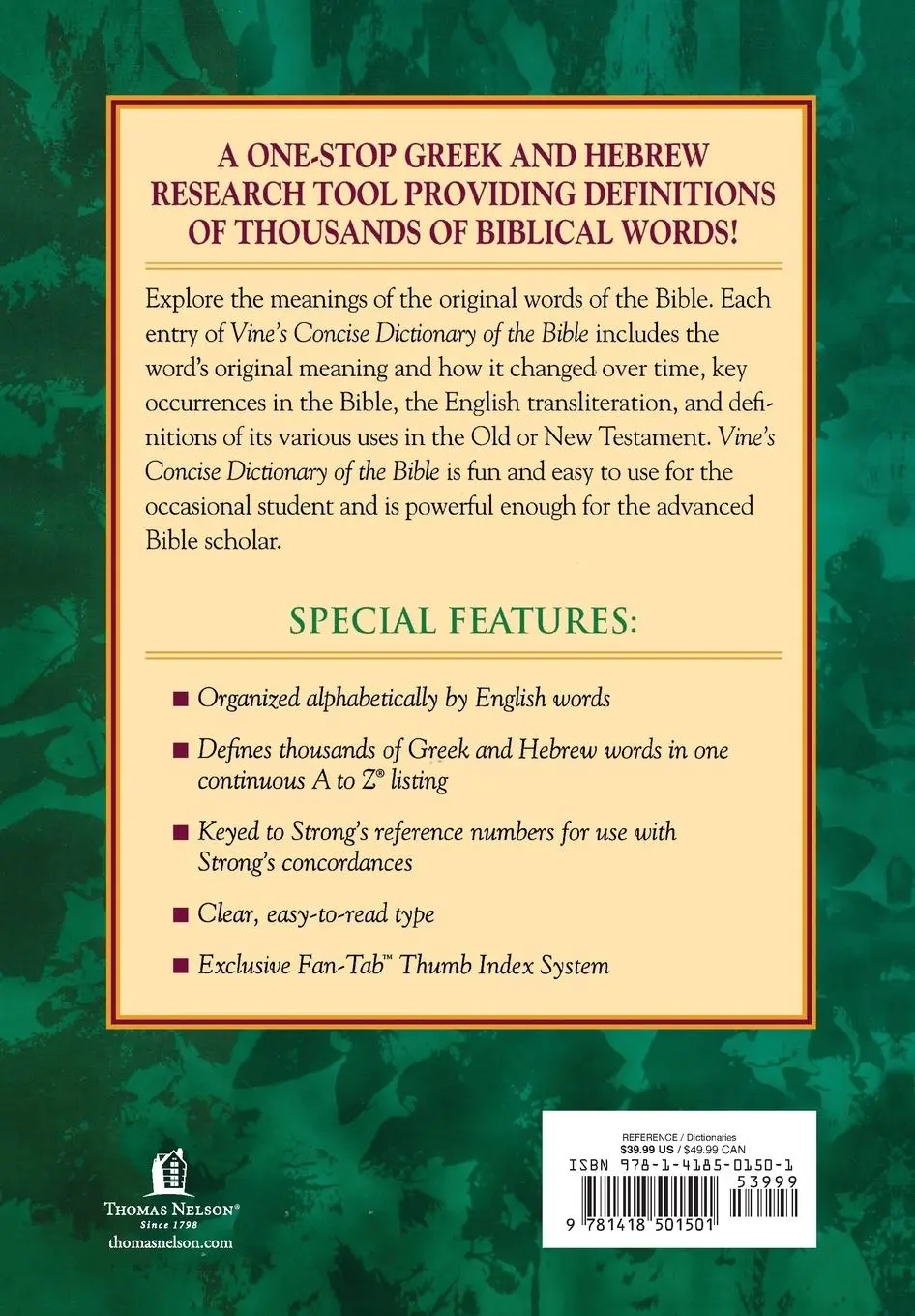 Rückseite: 9781418501501 | The Vine's Concise Dictionary of Old and New Testament Words | Vine