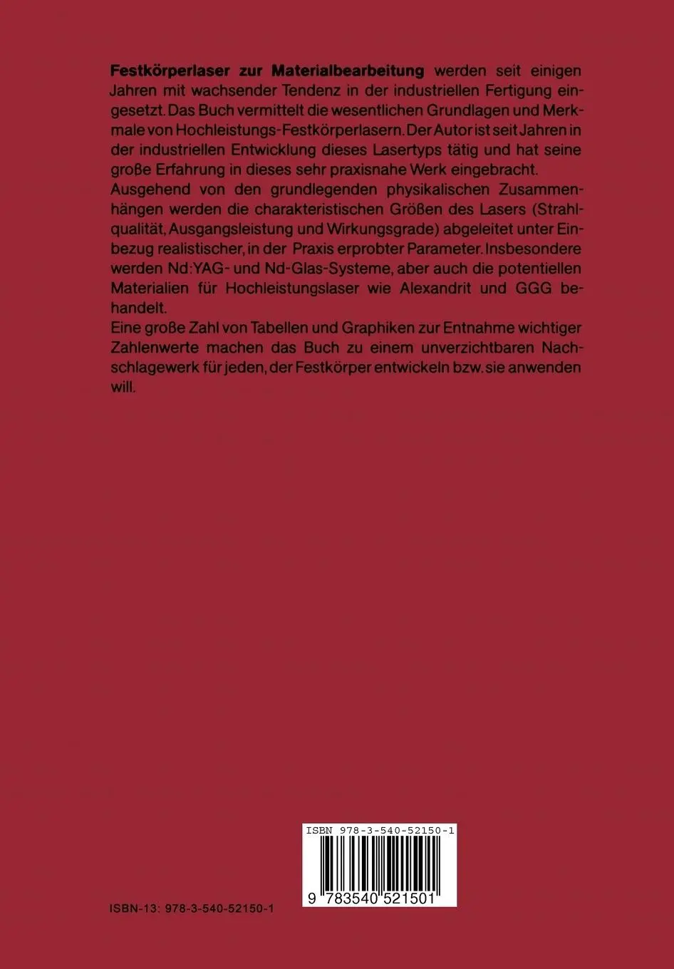 Rückseite: 9783540521501 | Festkörperlaser zur Materialbearbeitung | Reinhard Iffländer | Buch