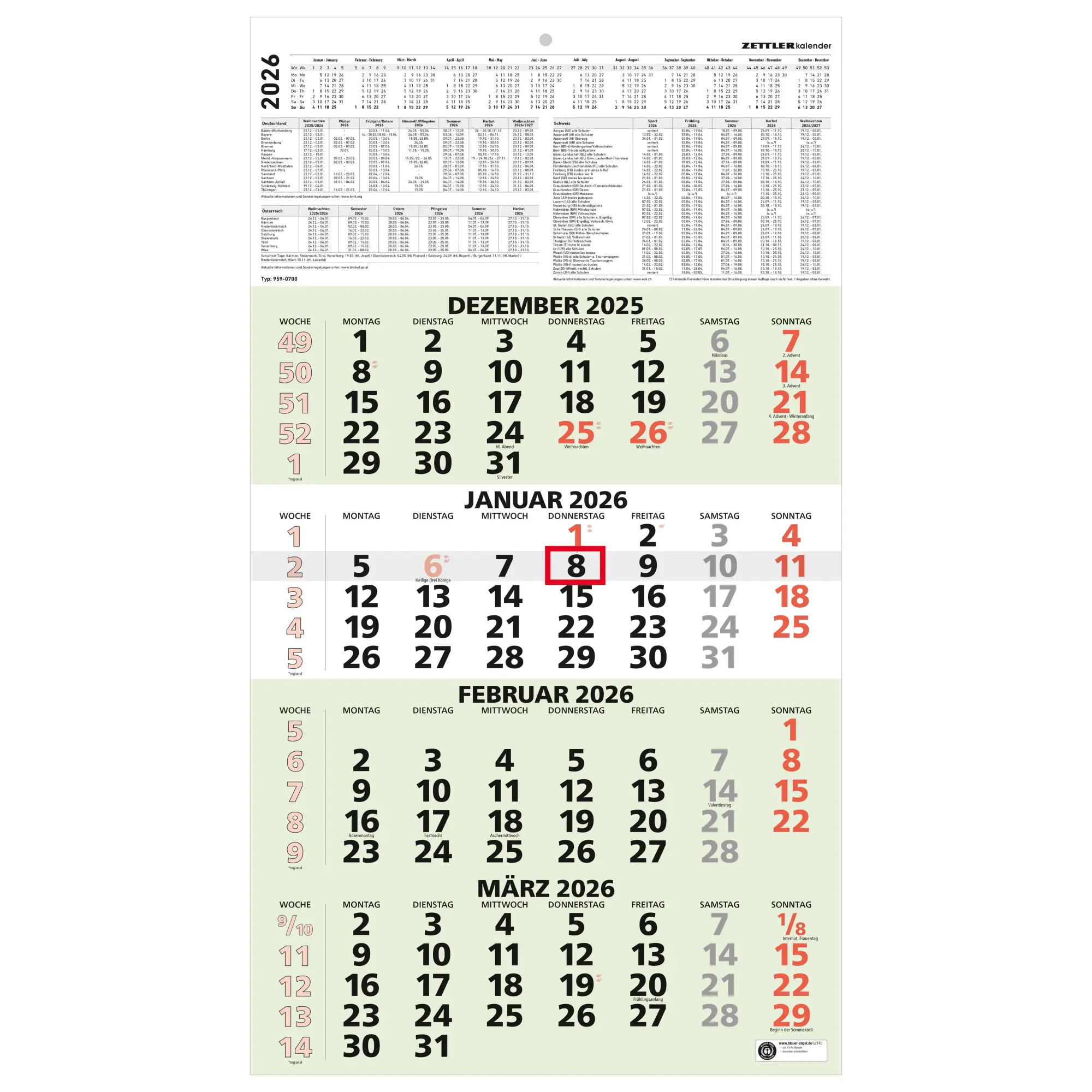 Cover: 4069095001701 | 4-Monatskalender Recycling 2026 - 33x45 cm - mit Kopftafel und...