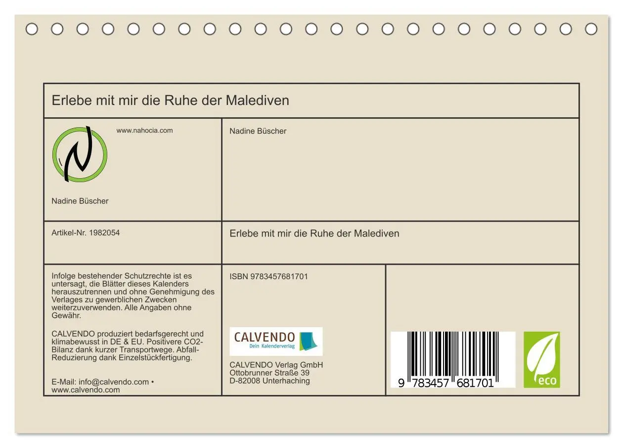 Bild: 9783457681701 | Erlebe mit mir die Ruhe der Malediven (Tischkalender 2026 DIN A5...