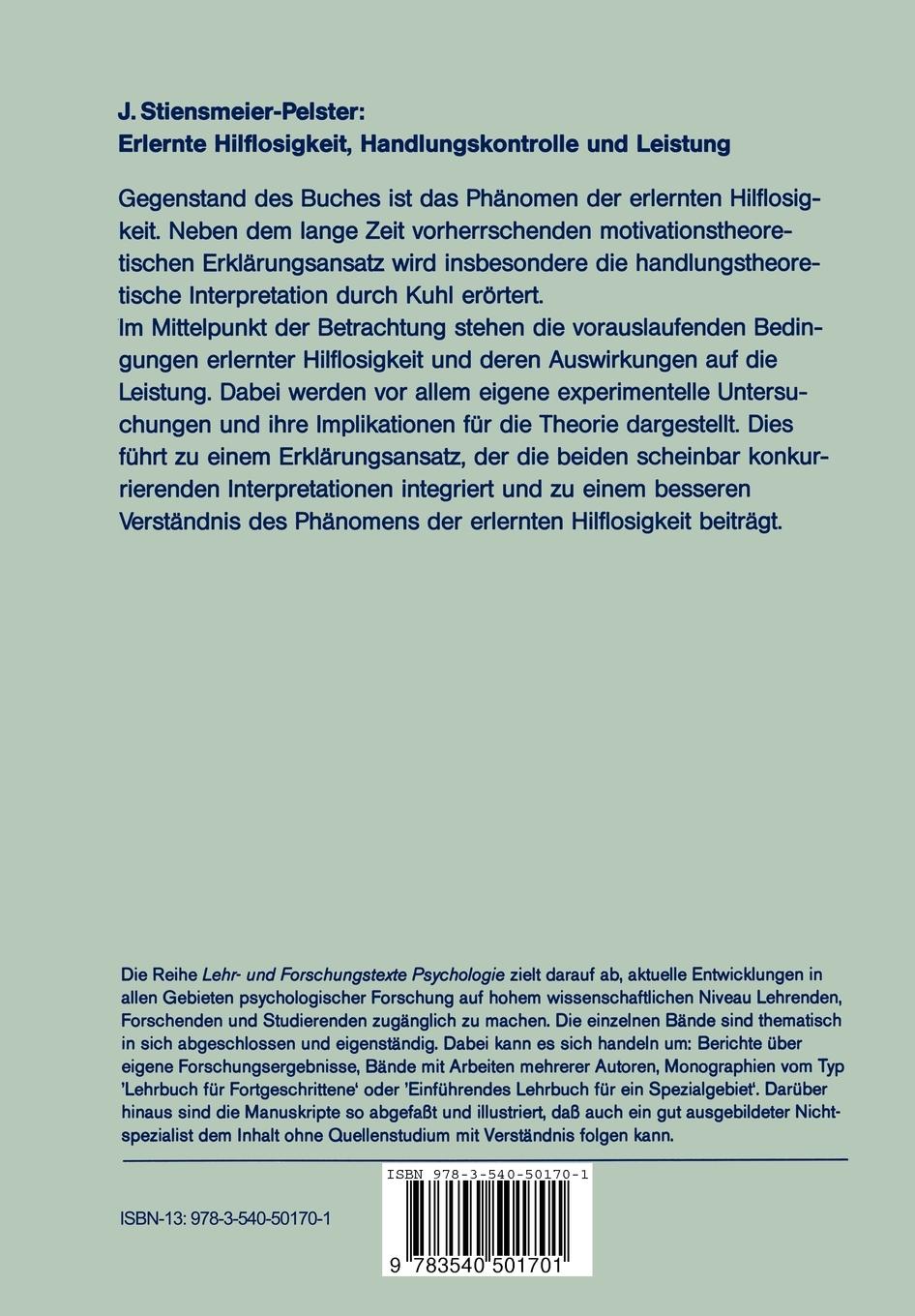 Rückseite: 9783540501701 | Erlernte Hilflosigkeit, Handlungskontrolle und Leistung | Taschenbuch