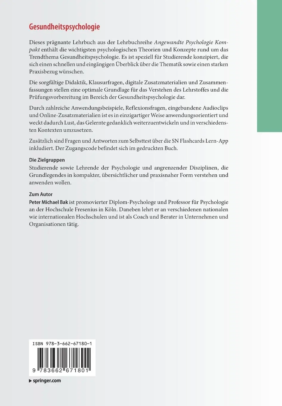 Rückseite: 9783662671801 | Gesundheitspsychologie | Peter Michael Bak | Taschenbuch | Paperback