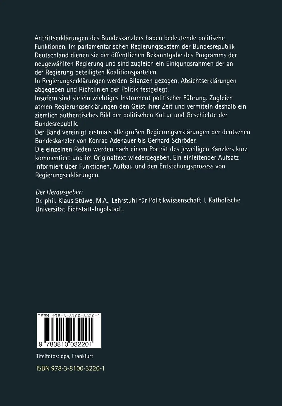 Rückseite: 9783810032201 | Die großen Regierungserklärungen der deutschen Bundeskanzler von...