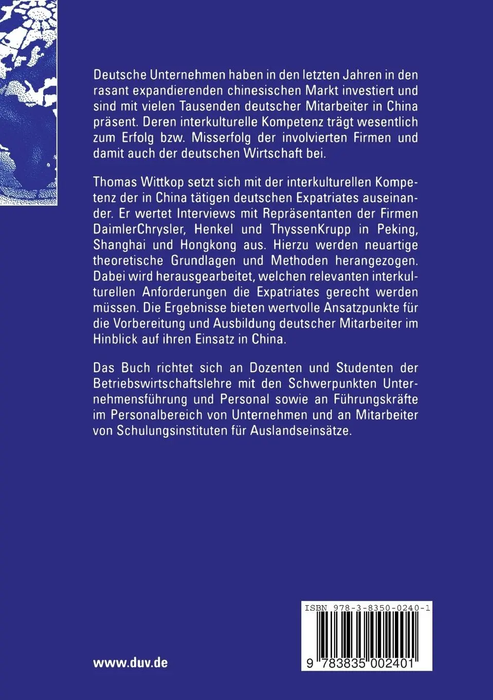 Rückseite: 9783835002401 | Interkulturelle Kompetenz deutscher Expatriates in China | Wittkop