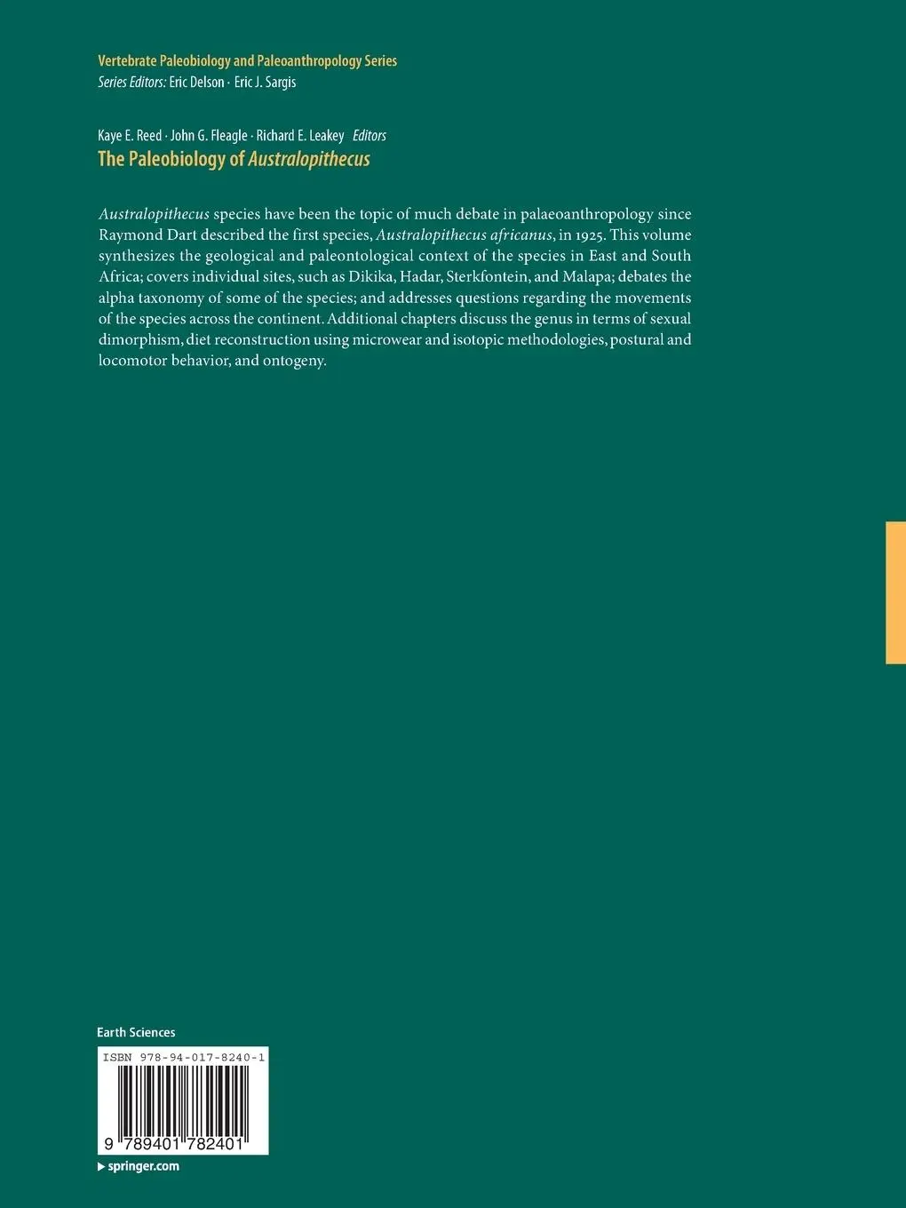 Rückseite: 9789401782401 | The Paleobiology of Australopithecus | Kaye E. Reed (u. a.) | Buch