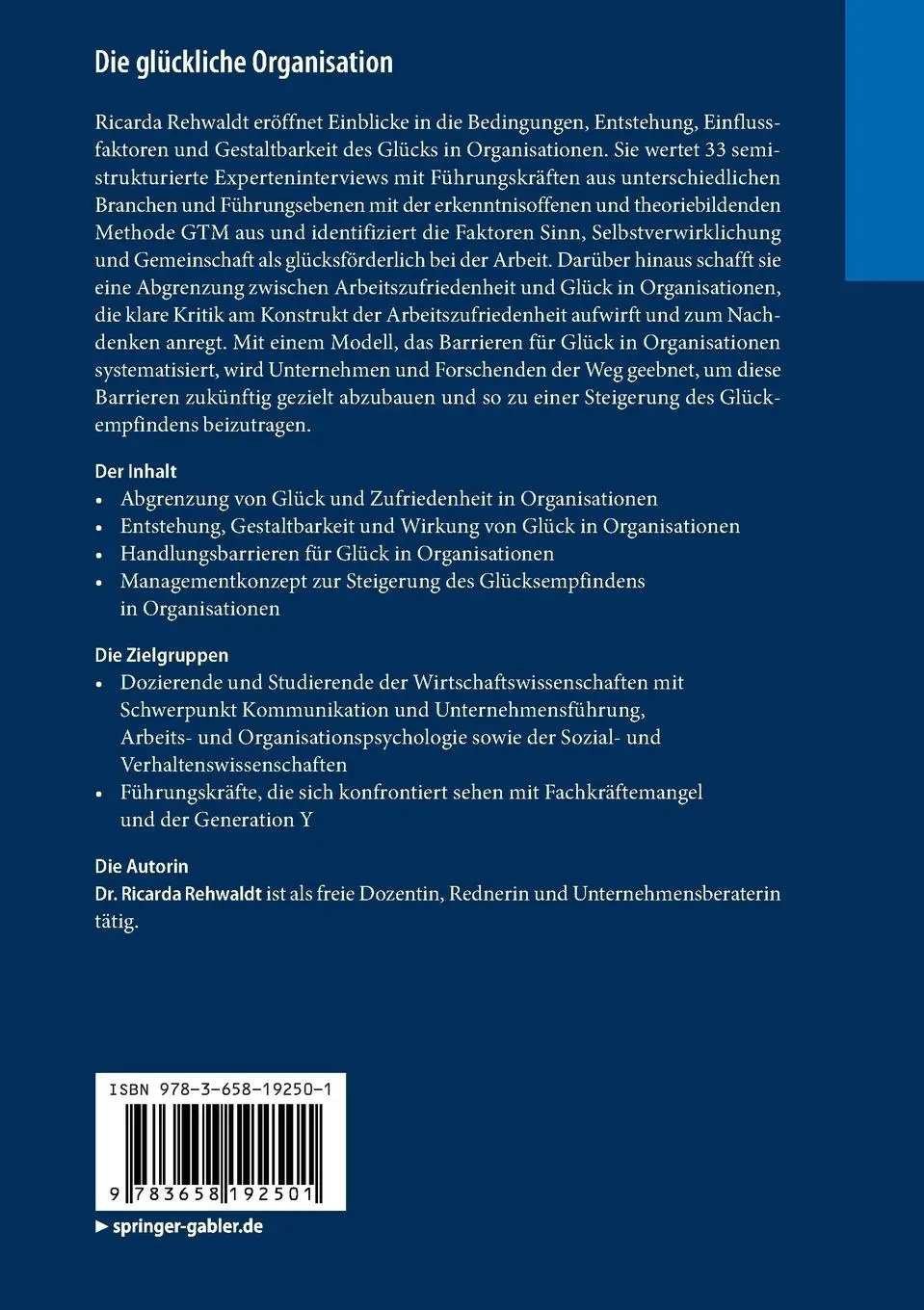 Rückseite: 9783658192501 | Die glückliche Organisation | Ricarda Rehwaldt | Taschenbuch | xiii