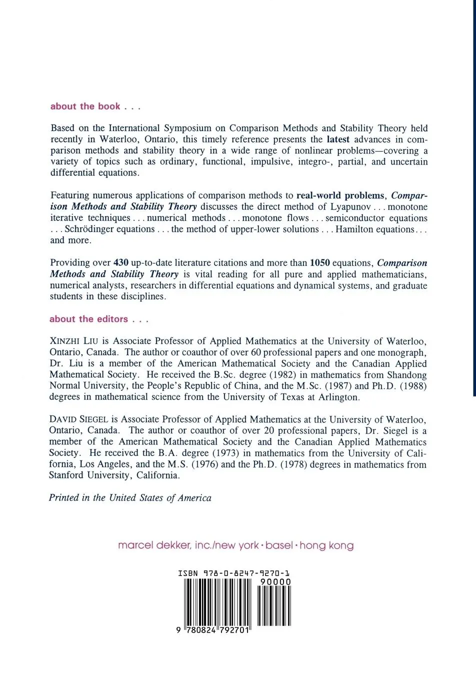 Rückseite: 9780824792701 | Comparison Methods and Stability Theory | Xinzhi Liu (u. a.) | Buch