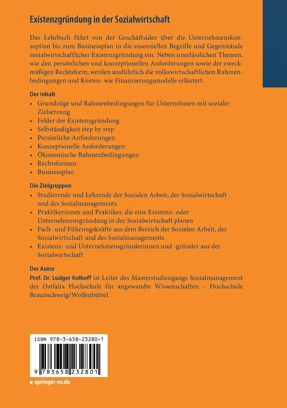 Rückseite: 9783658232801 | Existenzgründung in der Sozialwirtschaft | Eine Einführung | Kolhoff