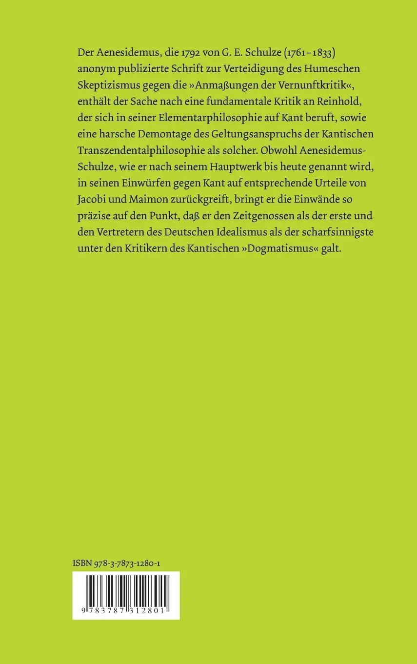 Rückseite: 9783787312801 | Aenesidemus oder über die Fundamente der von Herrn Professor...