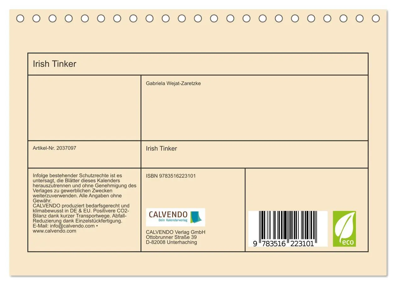 Bild: 9783516223101 | Irish Tinker (Tischkalender 2026 DIN A5 quer), CALVENDO Monatskalender