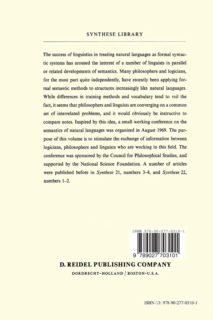 Rückseite: 9789027703101 | Semantics of Natural Language | Gilbert Harman (u. a.) | Taschenbuch