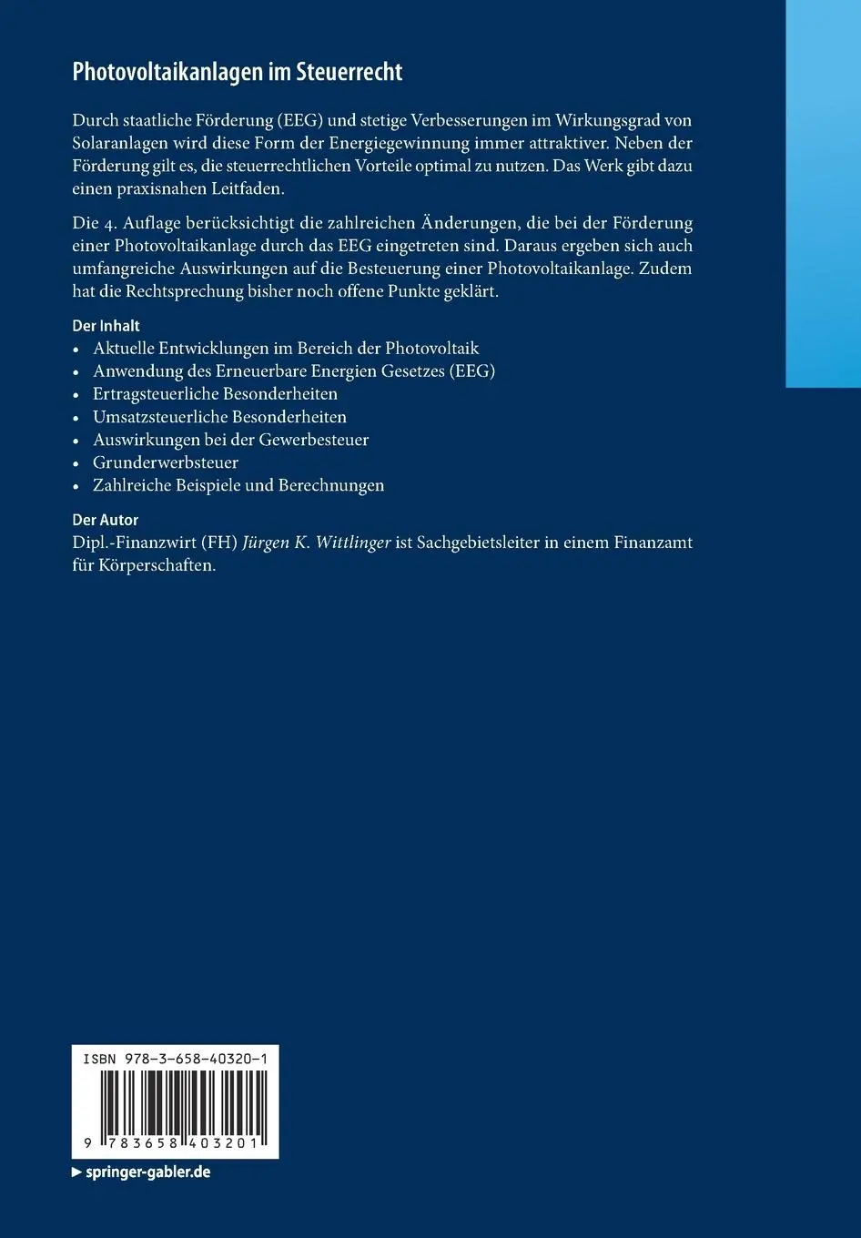 Rückseite: 9783658403201 | Photovoltaikanlagen im Steuerrecht | Jürgen K. Wittlinger | Buch | X