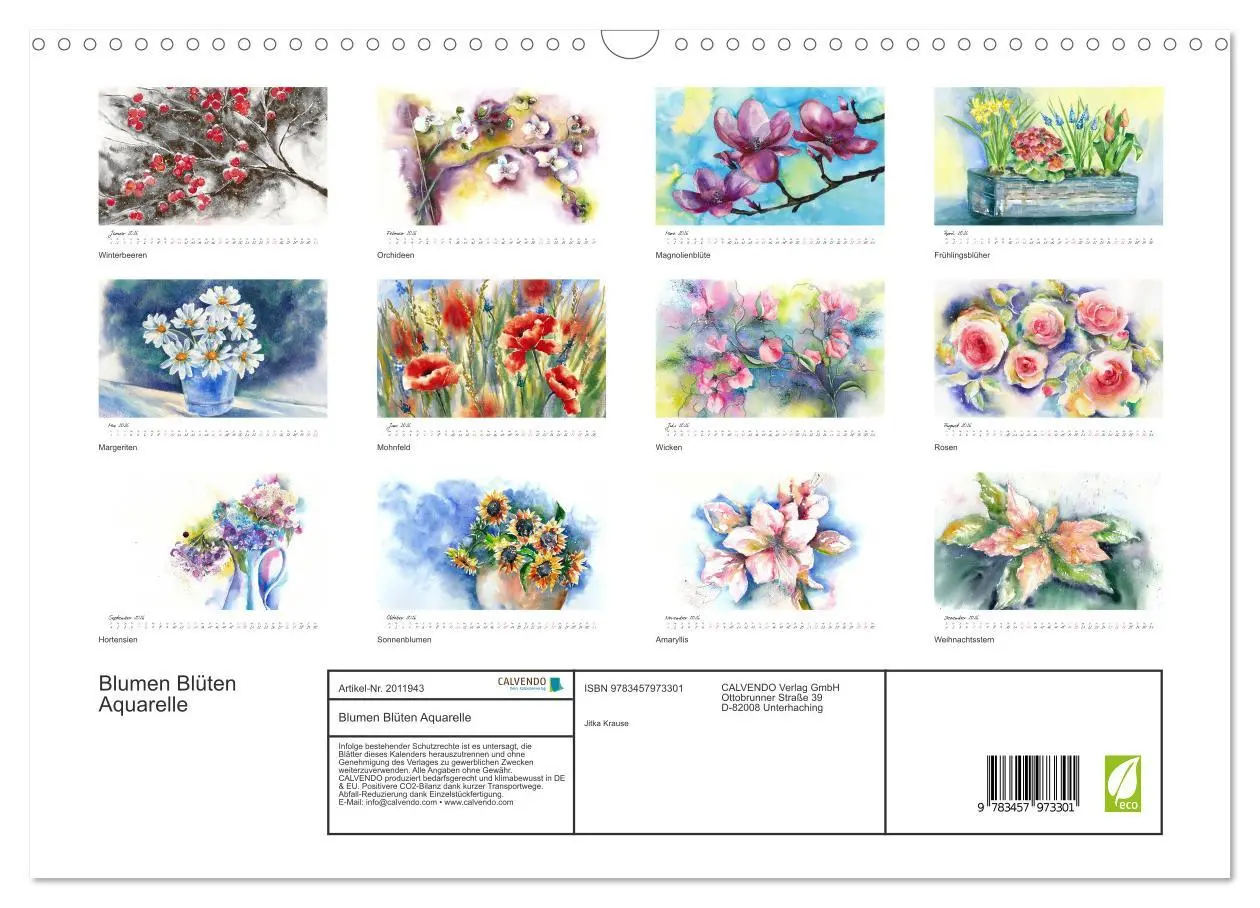 Bild: 9783457973301 | Blumen Blüten Aquarelle (Wandkalender 2026 DIN A3 quer), CALVENDO...