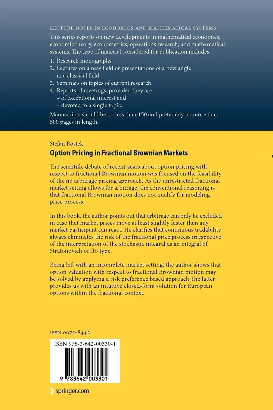Rückseite: 9783642003301 | Option Pricing in Fractional Brownian Markets | Stefan Rostek | Buch