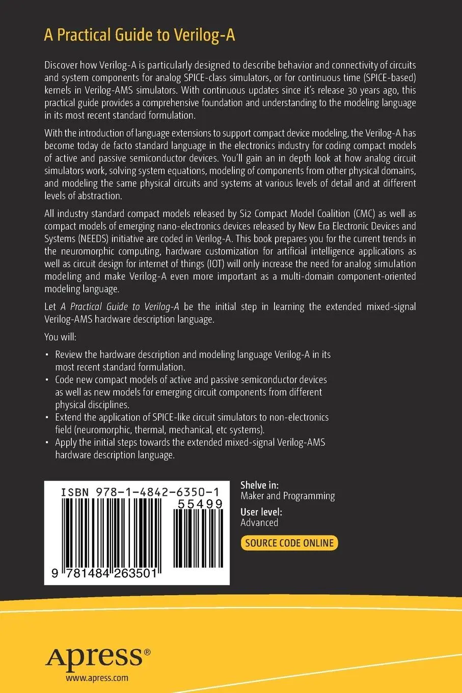 Rückseite: 9781484263501 | A Practical Guide to Verilog-A | Slobodan Mijalkovi¿ | Taschenbuch