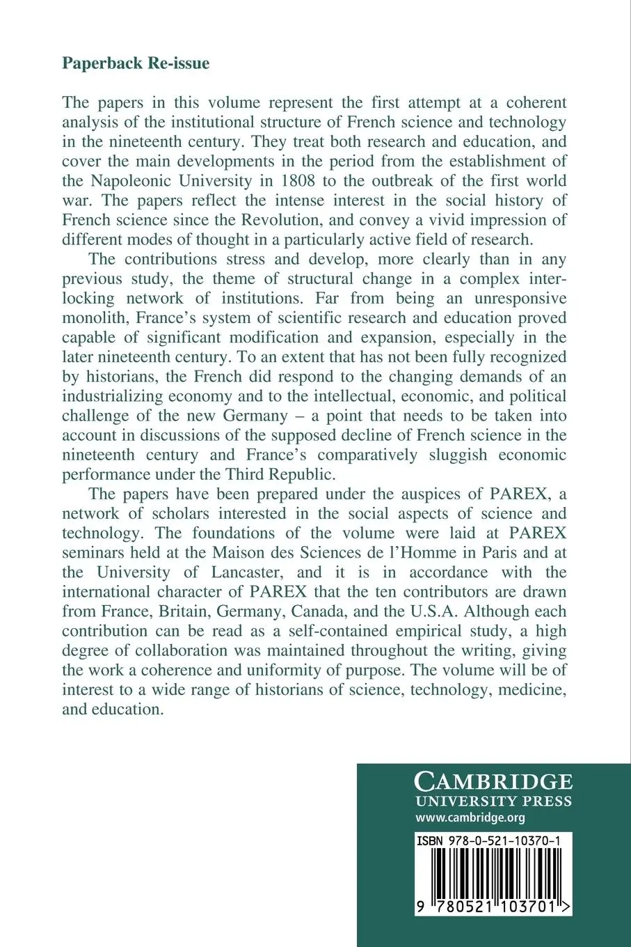 Rückseite: 9780521103701 | The Organization of Science and Technology in France 1808 1914 | Buch