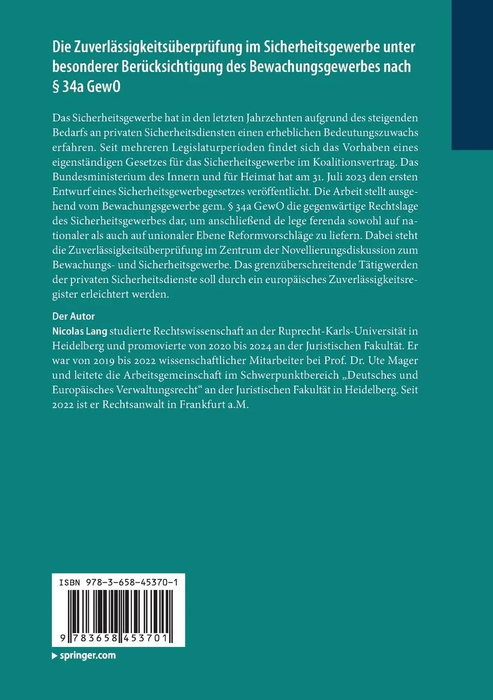 Rückseite: 9783658453701 | Die Zuverlässigkeitsüberprüfung im Sicherheitsgewerbe unter...