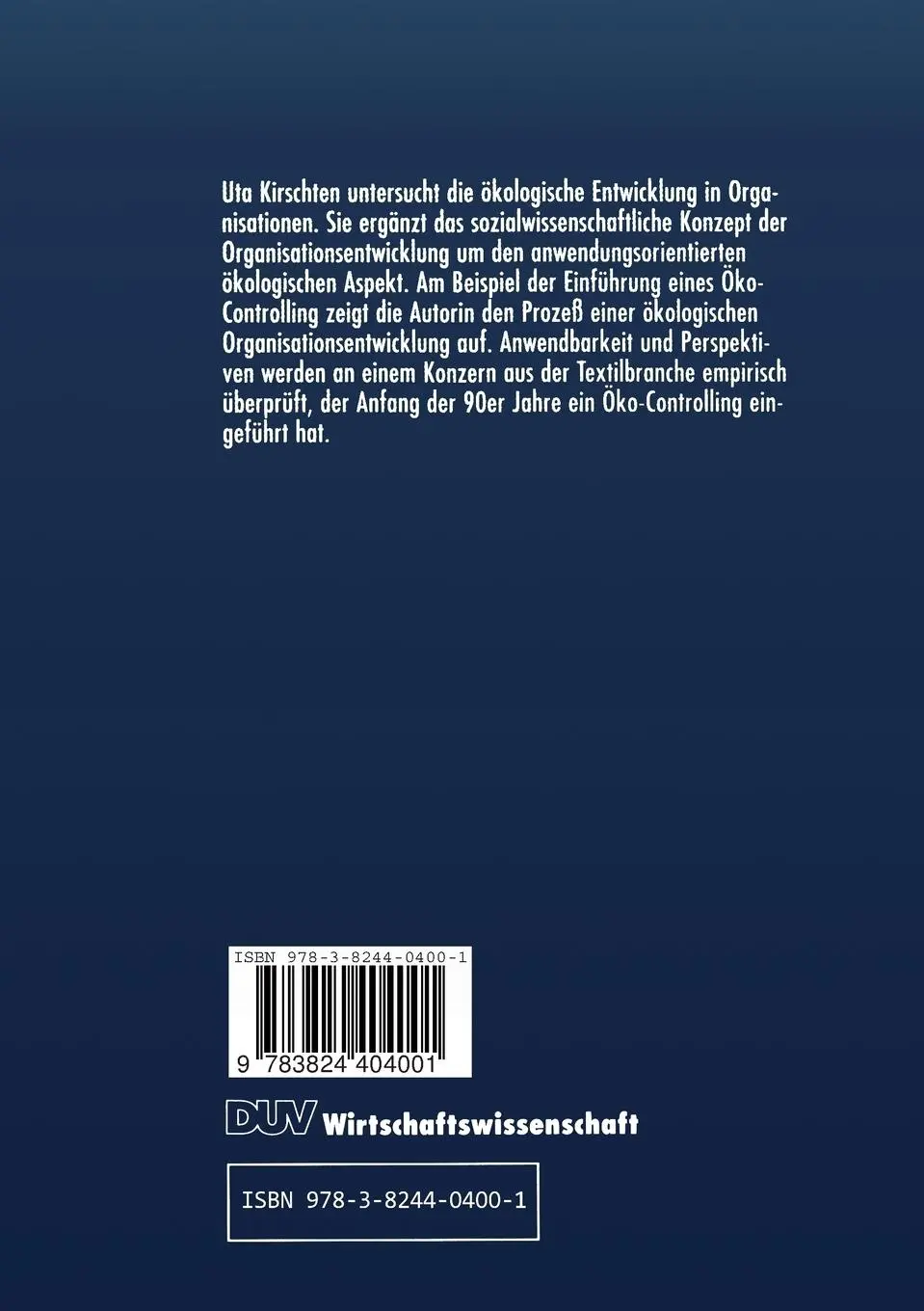 Rückseite: 9783824404001 | Einführung eines Öko-Controlling | Uta Kirschten | Taschenbuch | xiv