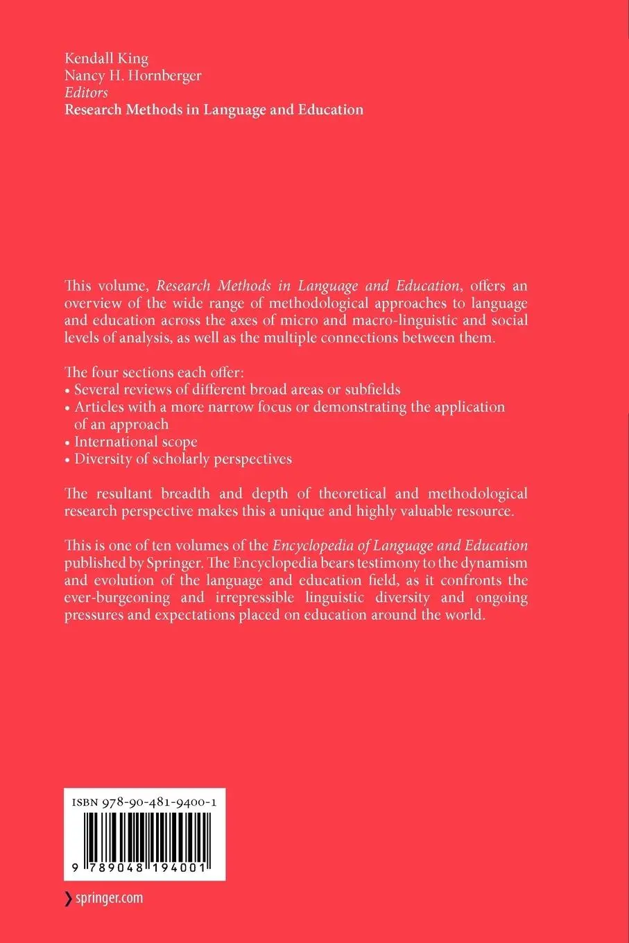 Rückseite: 9789048194001 | Research Methods in Language and Education | Hornberger (u. a.) | Buch