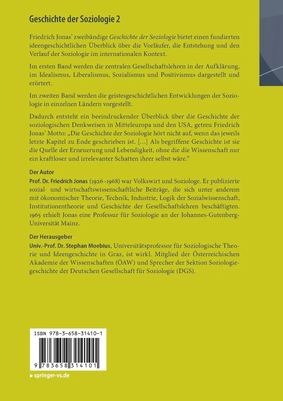 Rückseite: 9783658314101 | Geschichte der Soziologie 2 | Herausgegeben von Stephan Moebius | Buch