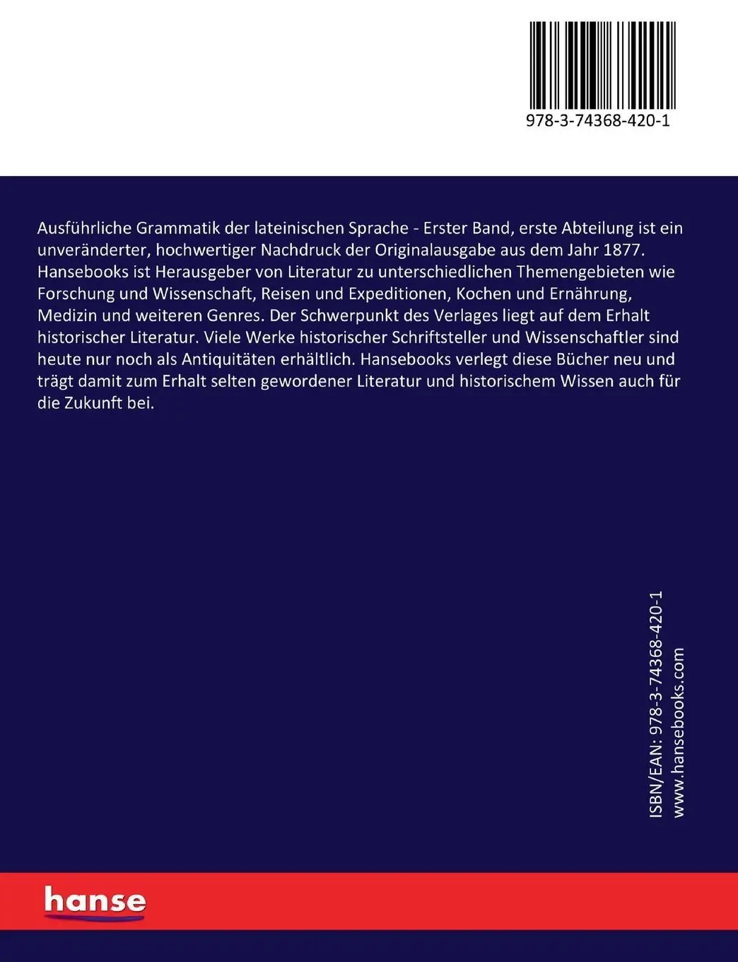 Rückseite: 9783743684201 | Ausführliche Grammatik der lateinischen Sprache | Raphael Kühner