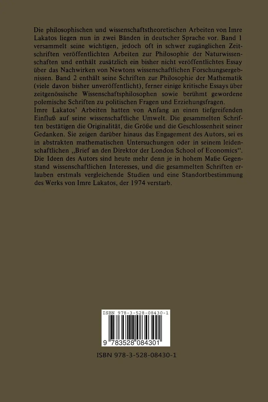 Rückseite: 9783528084301 | Mathematik, empirische Wissenschaft und Erkenntnistheorie | Lakatos
