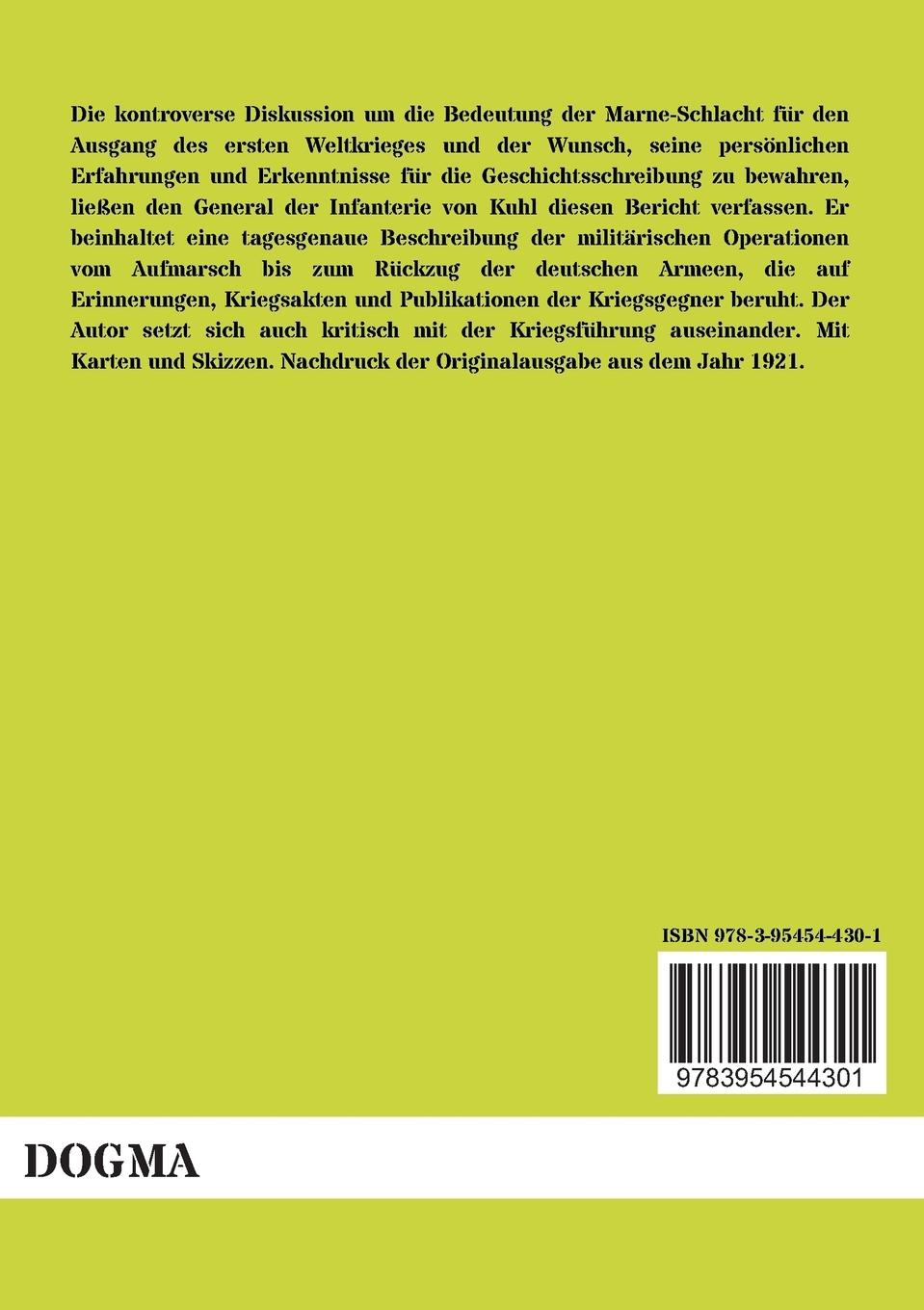 Rückseite: 9783954544301 | Der Marne-Feldzug 1914 | Hermann Joseph Von Kuhl | Taschenbuch | 2012