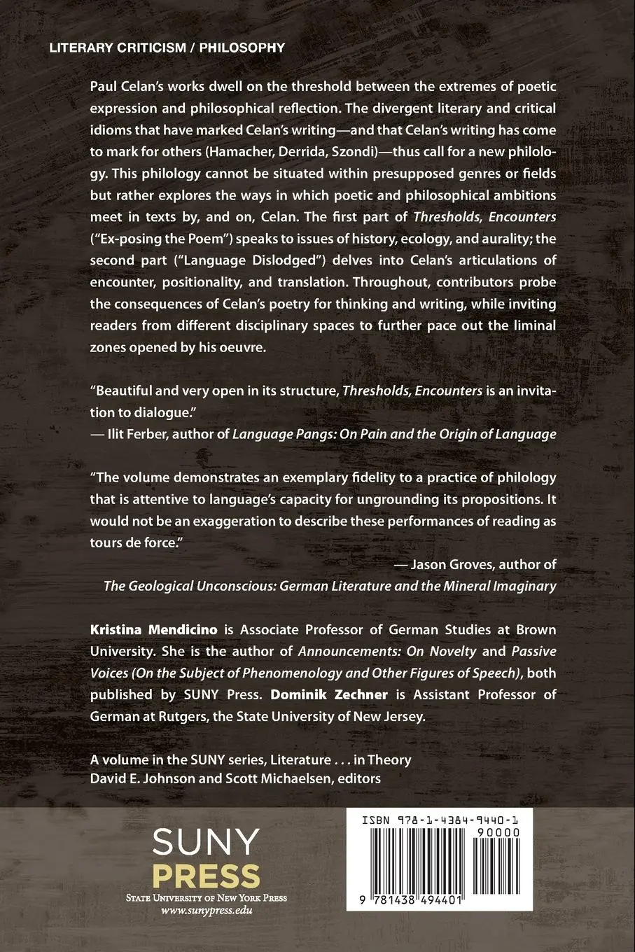 Rückseite: 9781438494401 | Thresholds, Encounters | Paul Celan and the Claim of Philology | Buch