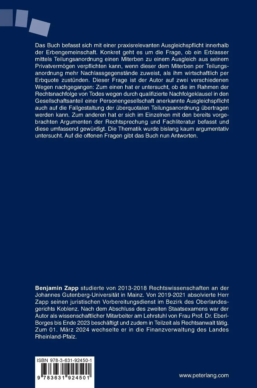 Rückseite: 9783631924501 | Die "überquotale Teilungsanordnung" | Benjamin Zapp | Buch | 162 S.