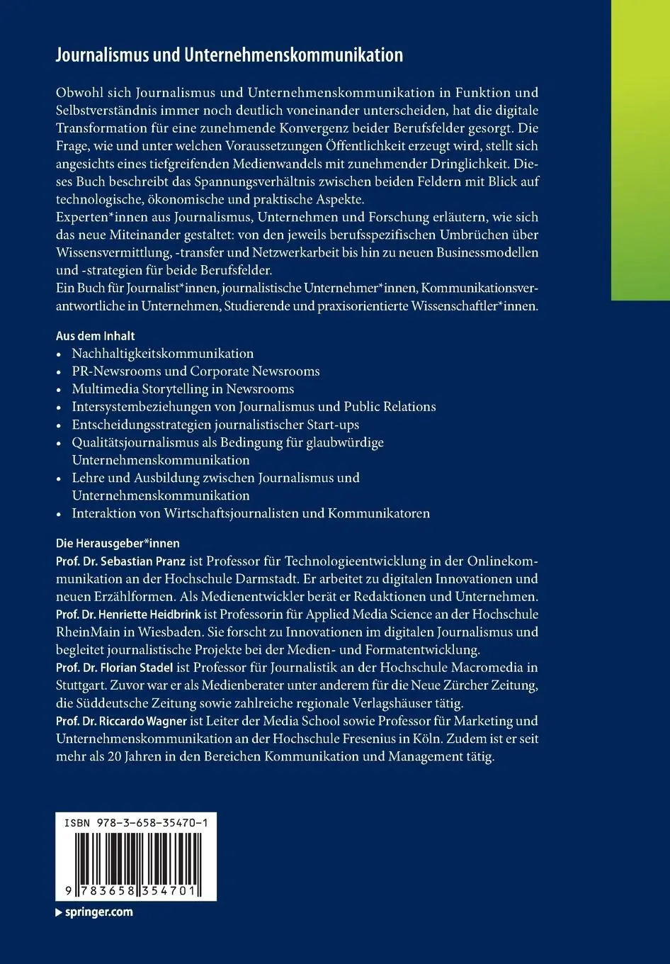 Rückseite: 9783658354701 | Journalismus und Unternehmenskommunikation | Sebastian Pranz (u. a.)