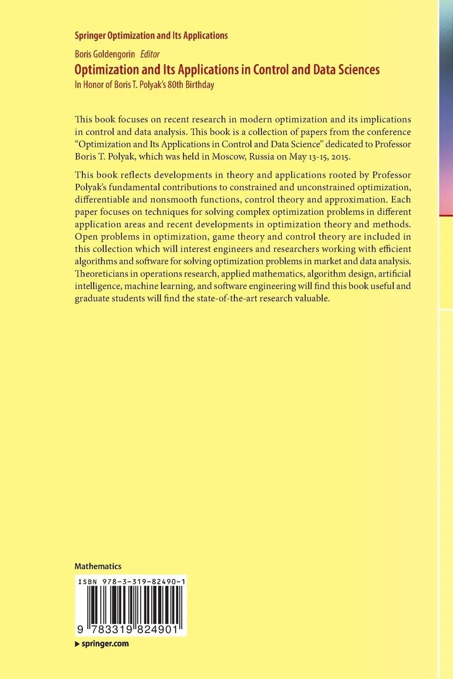 Rückseite: 9783319824901 | Optimization and Its Applications in Control and Data Sciences | Buch