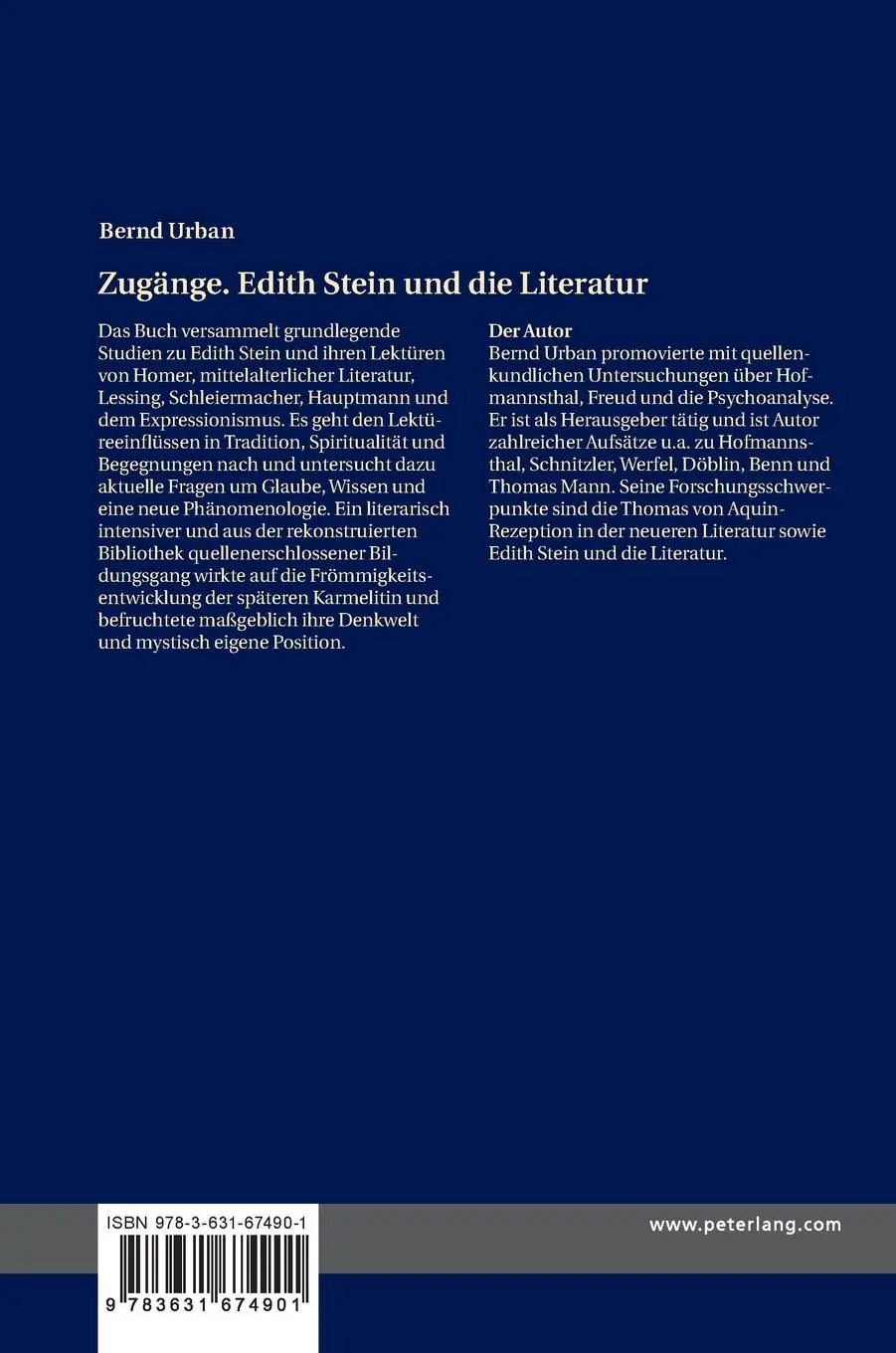 Rückseite: 9783631674901 | Zugänge. Edith Stein und die Literatur | Bernd Urban | Buch | Gebunden